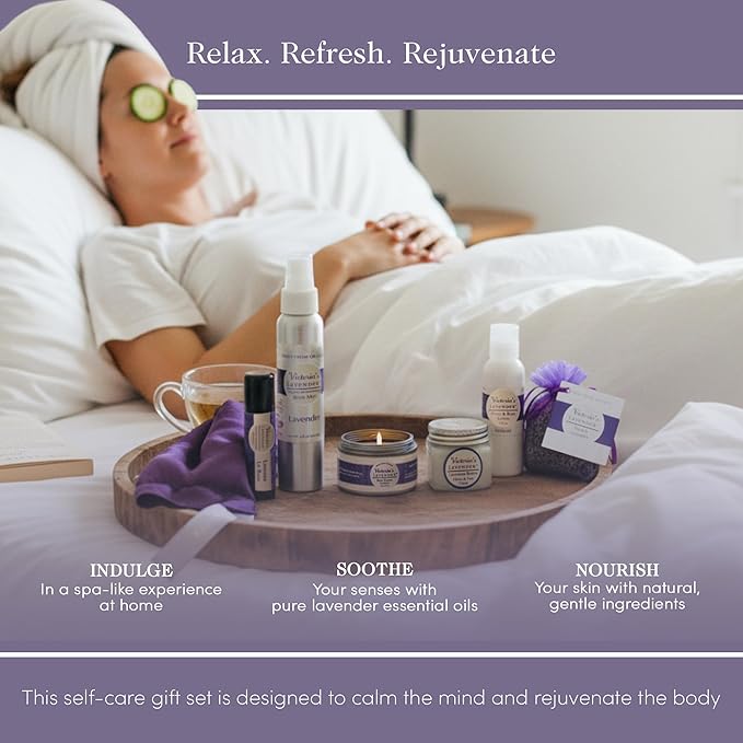 Victoria's Lavender Luxury Spa Gift Sets for Women - Neck Wrap, Body Mist, Body Lotion, Lip Balm, Soy Candle, Lavender Face Cream & Sachet, Made in USA Self Care Kit, Best Spa Kit for Women Gift Set