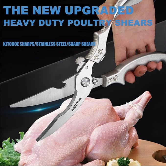 ANDONG Heavy Duty Professional Poultry Shears -Stainless Steel Kitchen & Meat Scissors with Leather Sheath, Dishwasher Safe Spring Loaded Utility Shears for Cooking, Butchering, Cutting - Bloomnest