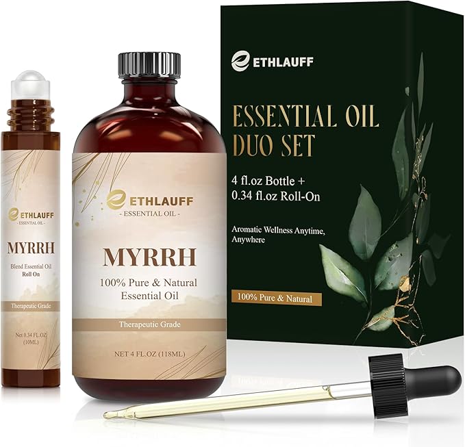 Myrrh Essential Oil (4 fl.oz Bottle + 0.34 fl.oz Roll-On) — Myrrh Oils for Aromatherapy, Diffusers, Humidifiers, Home fragrances, DIY Skincare, Candle, Soap Making, Relaxation, Yoga Ethlauff
