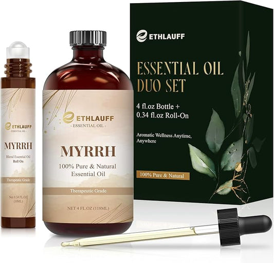 Myrrh Essential Oil (4 fl.oz Bottle + 0.34 fl.oz Roll-On) — Myrrh Oils for Aromatherapy, Diffusers, Humidifiers, Home fragrances, DIY Skincare, Candle, Soap Making, Relaxation, Yoga Ethlauff