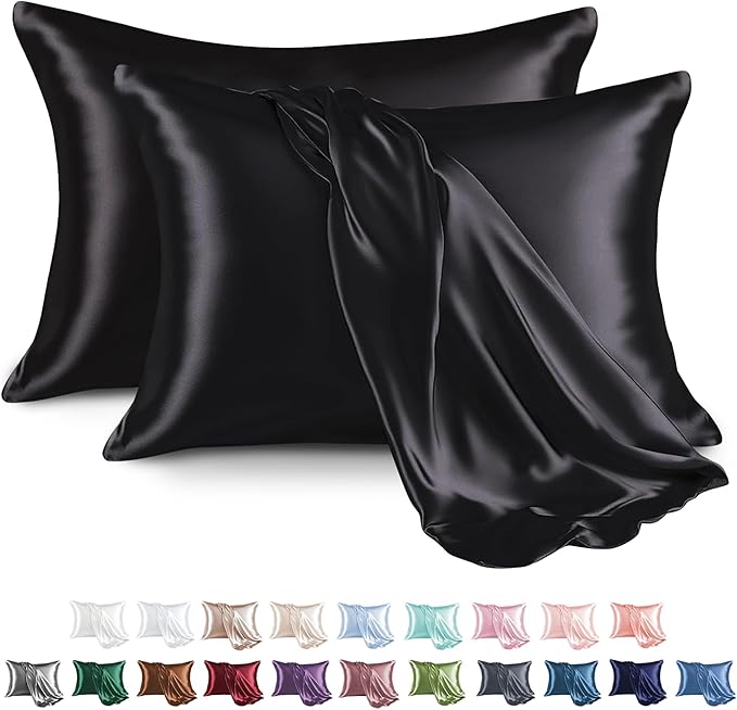 MR&HM Satin Pillowcase for Hair and Skin, Silk Satin Pillowcase 2 Pack, Standard Size Pillow Cases Set of 2, Silky Pillow Cover with Envelope Closure (20x26, Black) - Bloomnest