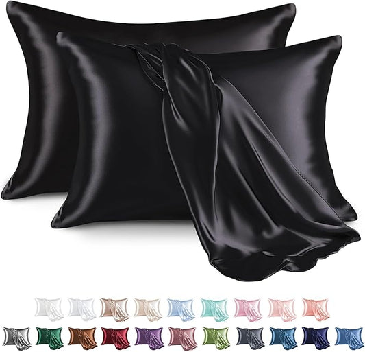 MR&HM Satin Pillowcase for Hair and Skin, Silk Satin Pillowcase 2 Pack, Standard Size Pillow Cases Set of 2, Silky Pillow Cover with Envelope Closure (20x26, Black) - Bloomnest