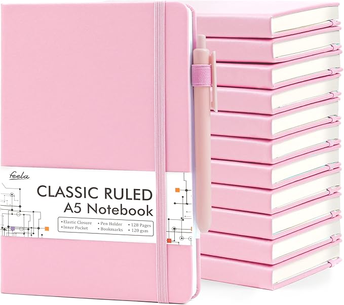 feela 12 Pack Notebooks Journals Bulk, Hardcover Notebook Classic Ruled Lined Journals with Pen Holder for Women Girls School Business Supplies, with 12 Black Pens, 120 GSM, 5.1”x8.3”, A5, Rose Pink - Bloomnest