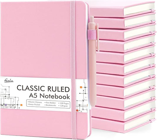 feela 12 Pack Notebooks Journals Bulk, Hardcover Notebook Classic Ruled Lined Journals with Pen Holder for Women Girls School Business Supplies, with 12 Black Pens, 120 GSM, 5.1”x8.3”, A5, Rose Pink - Bloomnest