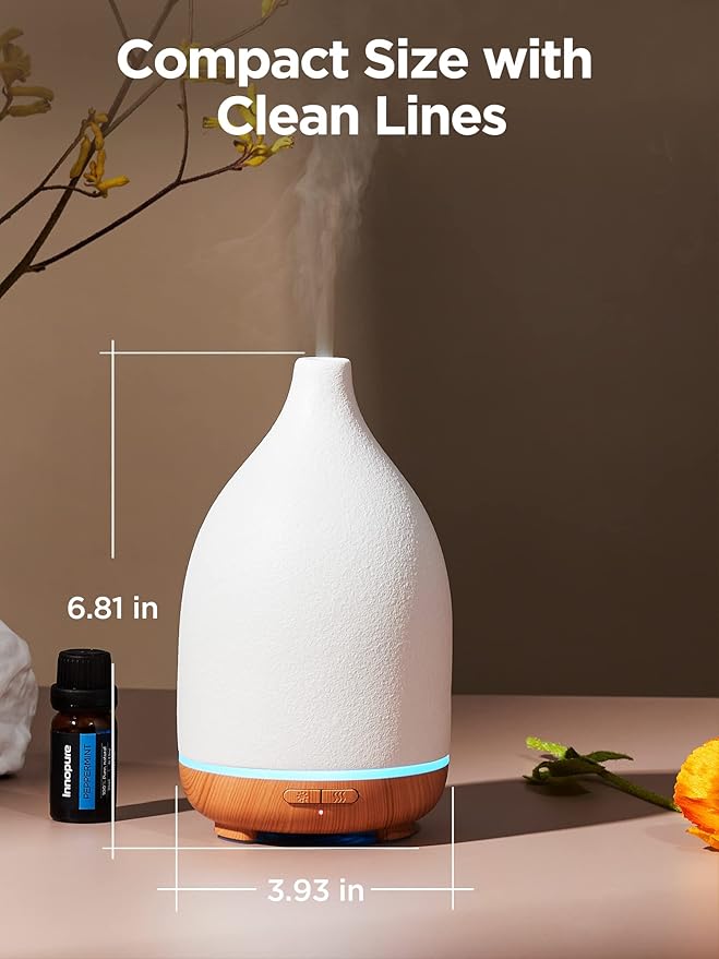 InnoGear Oil Diffuser, 150ML Ceramic Diffuser for Essential Oils Handcrafted Aromatherapy Diffuser Ultrasonic Cool Mist Humidifier with 2 Mist Modes Waterless Auto Off for Room Office, White - Bloomnest
