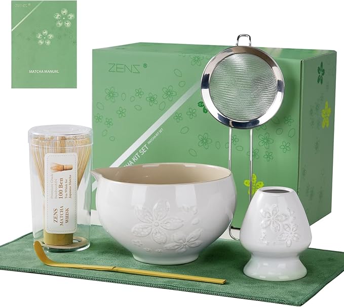 ZENS Matcha Whisk Set, Ceramic Matcha Set Includes 15oz Sakura Bowl, Bamboo Whisk & Chasen Holder, Scoop & Sifter-Tea Towel, 6pcs Matcha Kit for Matcha Lovers, White - Bloomnest