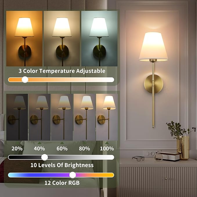 Battery Operated Wall Sconce Set of 2, 15 Colors Wireless Wall Light With Dimmable Remote Control Last 18-50 Hours, Gold Rechargeable Wall Lamp With White Fabric Shade For Living Room Bedroom Hallway - Bloomnest
