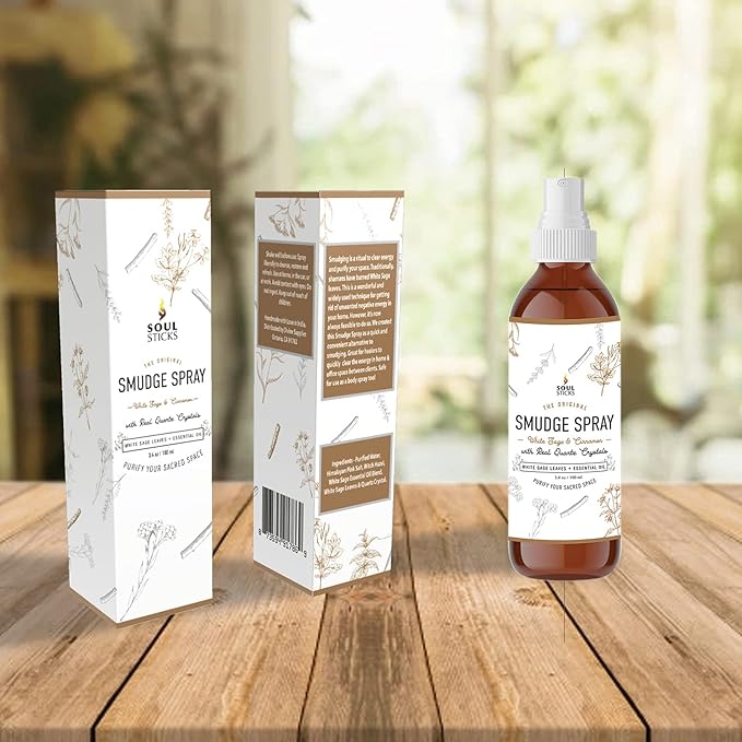 SOUL STICKS White Sage & Cinnamon Smudge Spray – 3.5oz Smokeless Energy Mist with Quartz Crystals – Non-Toxic Cleansing Spray for Aura, Home, Car, Meditation, Yoga, Stress Relief & Protection SoulSticks
