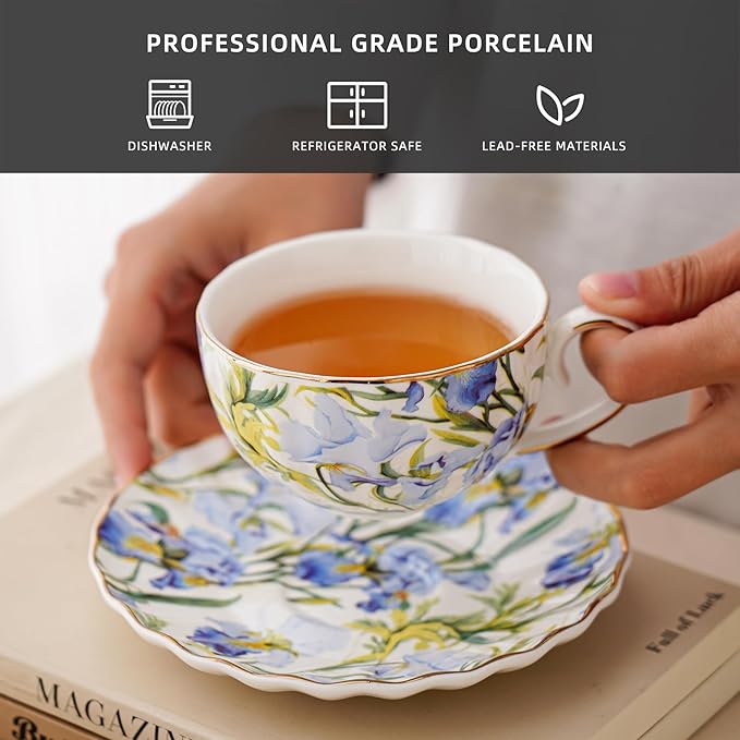 Tea Cup and Saucers, 6.4oz Floral Tea Cups with Gold Trim, Coffee Cappuccino Espresso Latte Mugs for Party Birthday,Christmas Gift (Iris - Blue) - Bloomnest