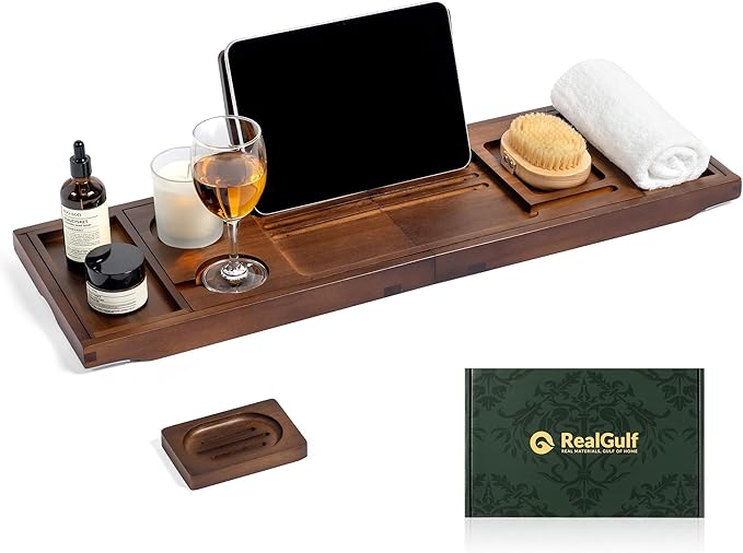 Teak Bathtub Tray, Bath Caddy with Wine Glass Holder, Phone Dock & Book Stand | Hands-Free Reading & Ultimate Spa Relaxation Experience-Brown - Bloomnest