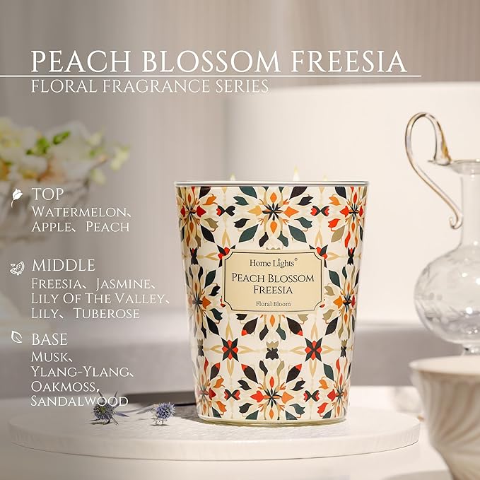 HomeLights 3-Wick Candles for Home Scented - 34oz Soy Wax Blend Candle Long-Lasting Fragrance, Bohemian Natural Textures Home Decor and Housewarming Gifts, Peach Blossom Freesia - Bloomnest