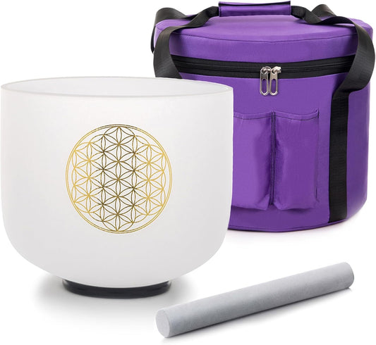 8" C Note 432HZ Flower of Life Crystal Singing Bowl Frosted Quartz Root Base Chakra Meditation Sound Healing with Durable Carrying Case Suede Striker O-ring