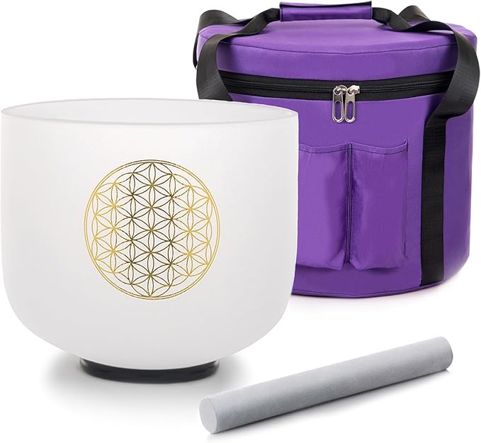 8" C Note 432HZ Flower of Life Crystal Singing Bowl Frosted Quartz Root Base Chakra Meditation Sound Healing with Durable Carrying Case Suede Striker O-ring - Bloomnest
