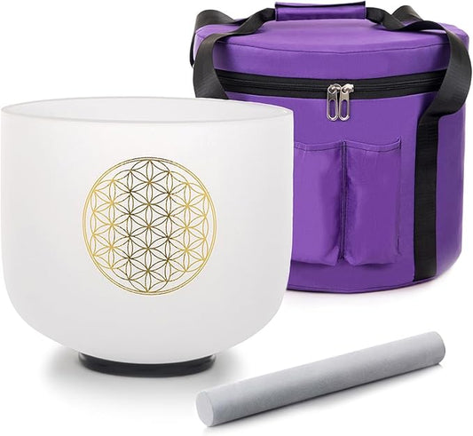 8" C Note 432HZ Flower of Life Crystal Singing Bowl Frosted Quartz Root Base Chakra Meditation Sound Healing with Durable Carrying Case Suede Striker O-ring - Bloomnest