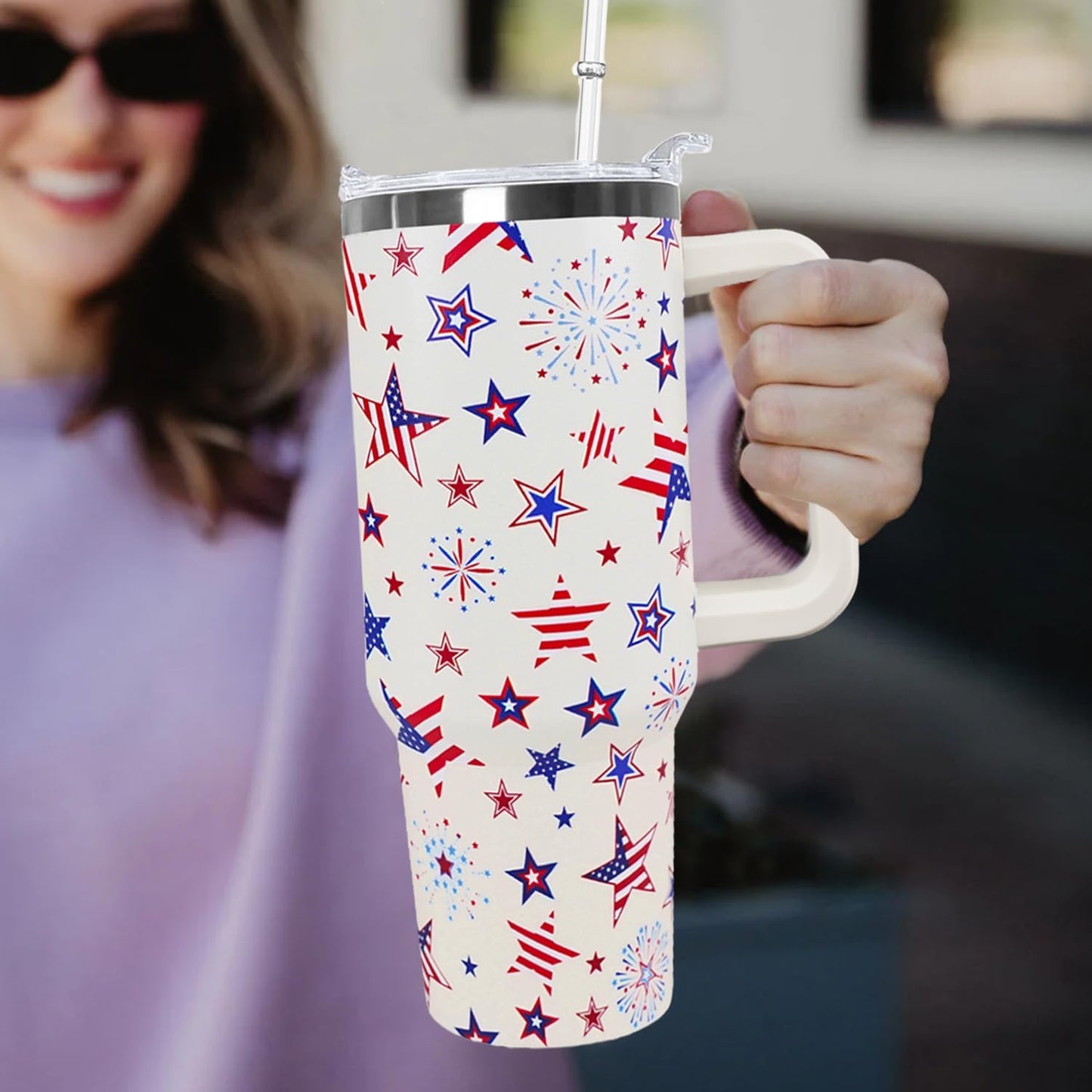 Ceovfoi 40 Oz 4th of July Tumbler With Handle and Straw,Patriotic Coffee Travel Mug Cup Water Bottle,American Flag Decor,Patriotic Military Gifts For Veterans, Police