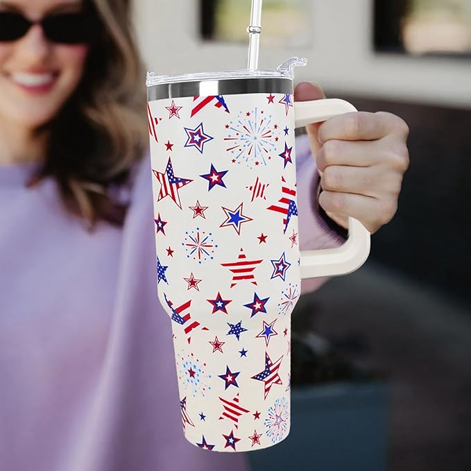Ceovfoi 40 Oz 4th of July Tumbler With Handle and Straw,Patriotic Coffee Travel Mug Cup Water Bottle,American Flag Decor,Patriotic Military Gifts For Veterans, Police - Bloomnest