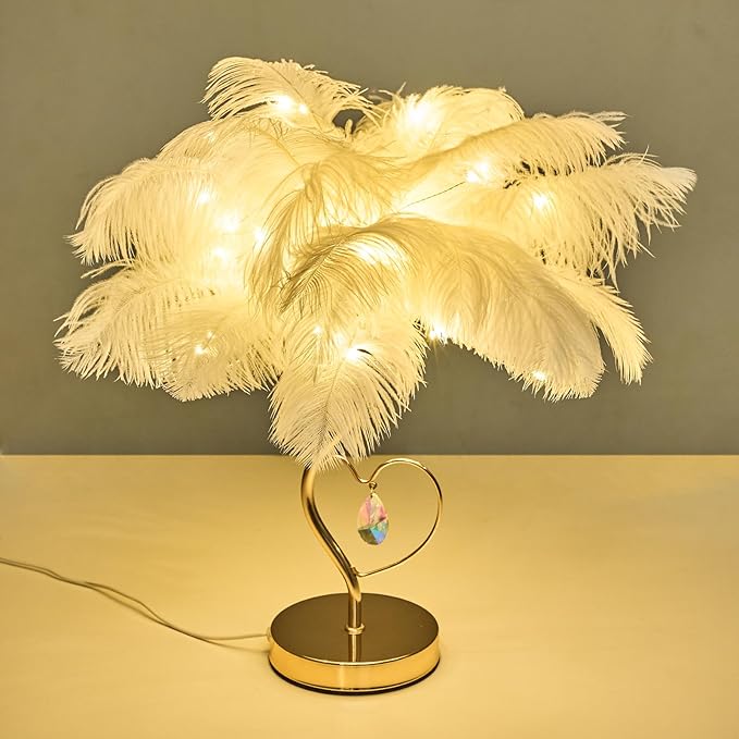 White Ostrich Feather Lamp Princess Fluffy Bedside Lamp Romantic Feather Table Lamp Nightstand Light for Girl Bedroom Wedding Decor Valentine Dating Living Room Hotel Office - Bloomnest