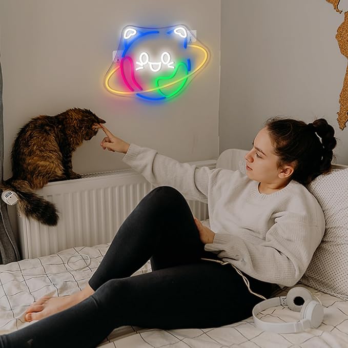 Lucunstar Planet Cat Neon Sign Cute Neon Light Signs for Wall Decor Cat LED Lights USB Connectivity Adjustable Brightness Earth Decor for Home Wall Bedroom Pet Shop Gifts for Geography Lover - Bloomnest