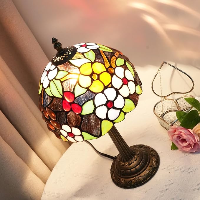 Tiffany Lamp Bedside Table Lamp-Nightstand,Stained Glass Lamp for Bedroom Dorm Living Kitchen, Aesthetic Cute Home Decor Gift (8-inch Grape Flower) - Bloomnest