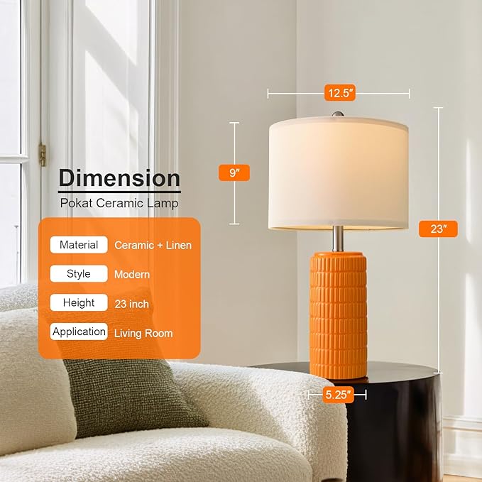 PoKat 23" Orange Table Lamps Decor for Living Room Set of 2, Modern Living Room Lamps for End Table, Ceramic Table Lamps for Bedroom, Contemporary Nightstand Lamps for Home Bedroom Decor - Bloomnest