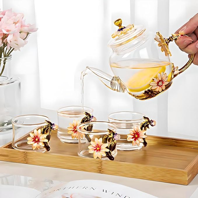 Glass Teapot -300 ml (10 oz), Flower Decoration Heat Resistant Glass Teapot Kettle with Golden Leaf Edge Color Floral Pattern Retro Teapot Tea Party Set (Pink) - Bloomnest