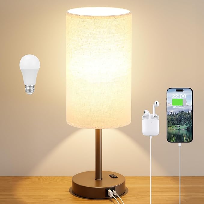 Touch Bedside Table Lamp with USB - 3 Way Dimmable Brown Lamp for Bedroom Nightstand, Desk Lamp with Charging Station for Dorm, Office, Kids Room, Living Room - Bloomnest