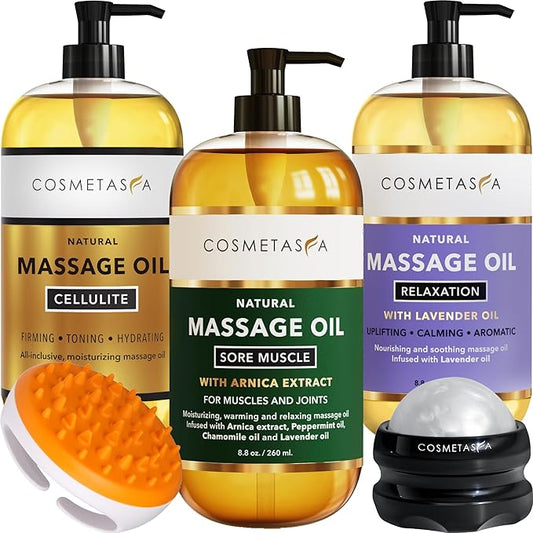 Cosmetasa Body Massage Oil Therapy Kit – Arnica & Lavender Oil for Relaxation and Sore Muscles – Includes Anti-Cellulite Oil, Roller Ball & Mitt for Firming Skin – Spa Gift Set for Women & Men - Bloomnest