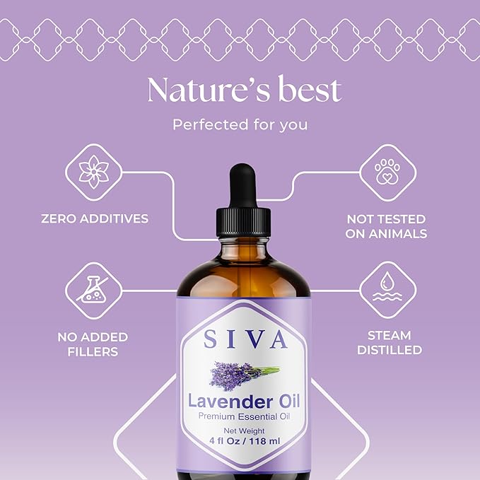 Siva Lavender Essential Oil - 4 Fl Oz – 100% Natural Lavender Oil - for Diffuser, Face, Skin Care, Aromatherapy, Hair Care, Scalp and Body Massage - with Dropper - Bloomnest