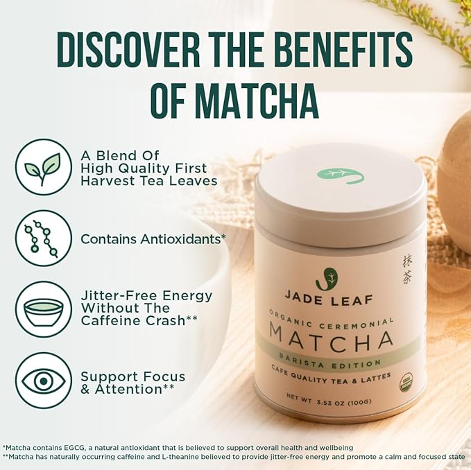Jade Leaf Matcha Organic Premium Ceremonial Grade Matcha Green Tea Powder - Japanese - Culinary, Ingredient, Ceremonial Barista Teahouse, Latte, Collagen, 1.76 Ounce (Pack of 1), Ceremonial Barista - Bloomnest
