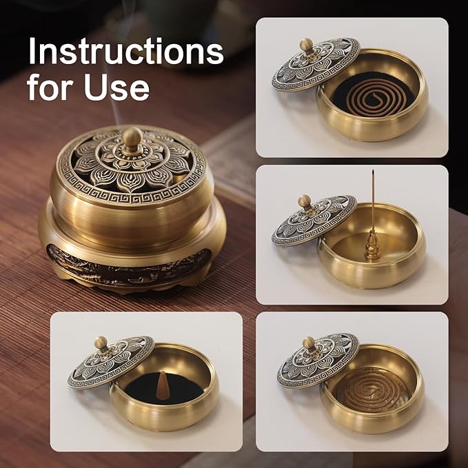 Brass Incense Burner Bowl, Lotus Shape, with Stick Holder & Incense net &Fire Cotton Incense Holder Cone Coil Incense Burner Ash Catcher with Lid for Indoor Office Décor, Handicraft Gifts,Censer - Bloomnest