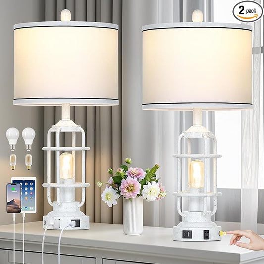 Farmhouse Industrial Lamps with USB A+C Charging Ports & AC Outlet, 3 Way Dimmable Touch Control Vintage Rustic Table lamps for Living Room, White Retro Beside Nightstand Metal Modern Lamp for Bedroom - Bloomnest