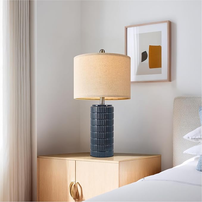 PoKat 24" Modern Ceramic Table Lamps Set of 2 for Bedroom, Blue Bedside Lamps for Night Stands, Farmhouse Desk Decor Nightstand Table Lamps for Living Room End Table Dark Blue - Bloomnest