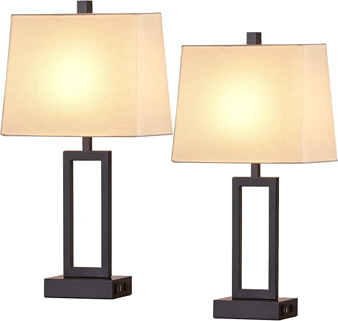 23.5" Touch Control Table Lamps Set of 2, Bedside Lamp with 2 USB Ports & AC Outlet, 3-Way Dimmable Nightstand Lamp with White Linen Shade for Living Room Bedroom End Table Office(2 LED Bulb Included) - Bloomnest