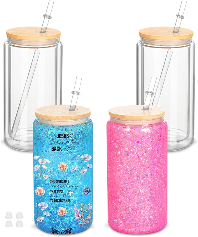 4 Pack 16 Oz Sublimation Snow Globe Tumbler, Snow Globe Cups with Pre Drilled Hole, Double Wall Beer Can Glass Mason Jar Mug with Bamboo Lids and Straws for Snowglobe DIY - Bloomnest