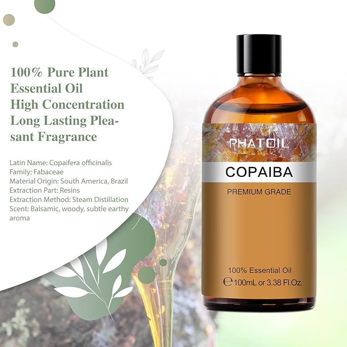 Copaiba 3.38fl.oz Essential Oil, PHATOIL Pure Aromatherapy Oils for Diffuser, Humidifier, Perfect for DIY Soap, Candle, Bath Bombs Making(100ml) PHATOIL