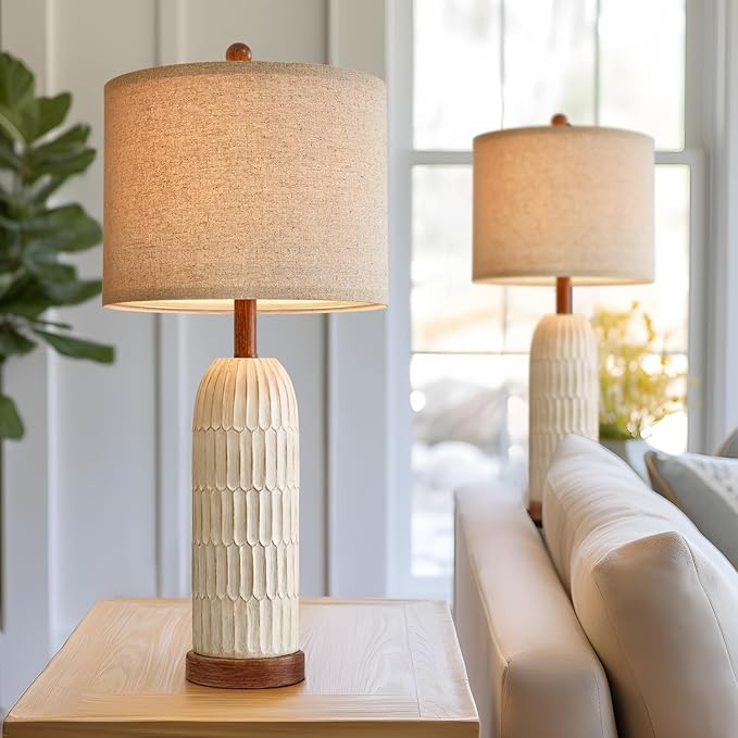 OYEARS 26.5" Table Lamp Set of 2 for Bedroom Living Room with USB A+C Charging Ports Modern Farmhouse Bedside End Lamps Rustic Nightstand Lamps,Brown - Bloomnest
