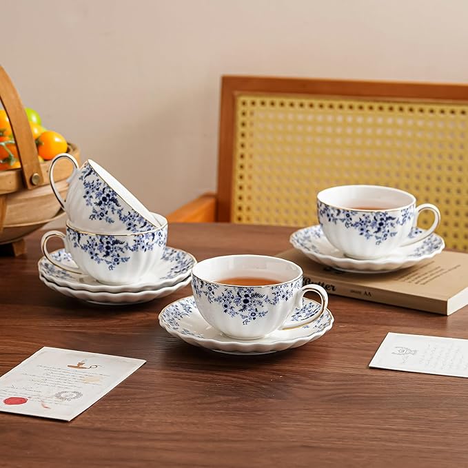 ceramic tea cups and saucers 6oz,floral tea cups for Coffee, Latte, Cafe Mocha and Tea (Little Blue Flowers) - Bloomnest