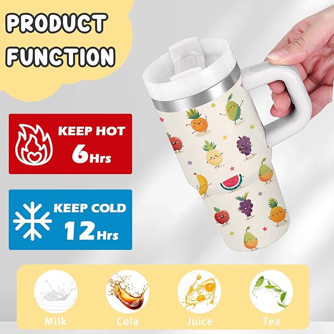 Fruit Tumbler Gifts - 14 oz Kids Tumbler with Handle & Lid, Stainless Steel Insulated Cup, Featuring Apple, Pineapple, Grape, Watermelon, for School, Travel, Daily use Children's Birthday Gift (1pc) Bloomnest
