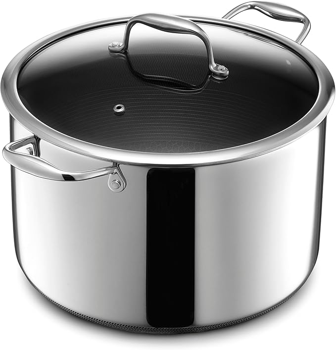 HexClad Hybrid Nonstick 10-Quart Stockpot with Tempered Glass Lid, Stay-Cool Handles, Dishwasher-Friendly, Oven-Safe Up to 900°F, Induction Ready, Compatible with All Cooktops - Bloomnest
