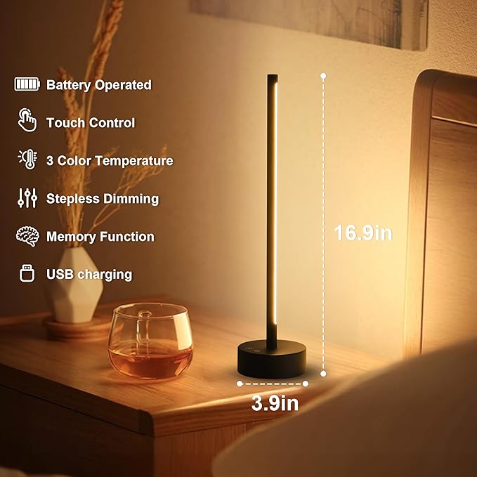 Cordless LED Table Lamp, Battery Operated Portable Desk Lamp,Dimmable/3 Color/Memory Function,Modern Rechargeable Table Light for Living Room,Bedroom,Bedside,Black - Bloomnest