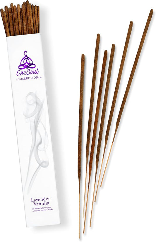 Lavender Vanilla Incense Sticks, Natural Incense Sticks, Insence-Sticks for Aromatherapy, Hand-Rolled Artisan Meditation Incense, Gift Set, 90-Mins Burn Time, 11 Inches, Pack of 20 OneSoulCollection%C2%AE