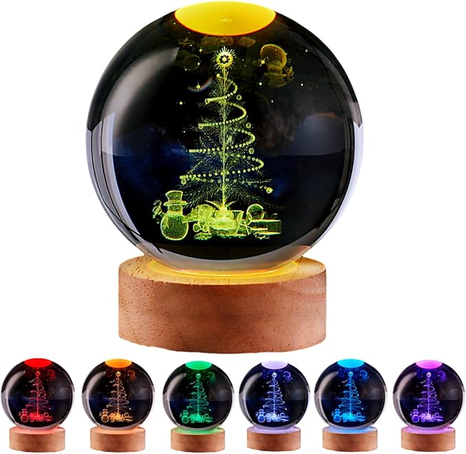 Christmas Crystal Ball lamp,3.15 inch K9 3D Christmas Tree Night Light with Wooden Base,Christmas Gift for Friends,Christmas Decorations,16 Colors Change with Remote Control (G) - Bloomnest