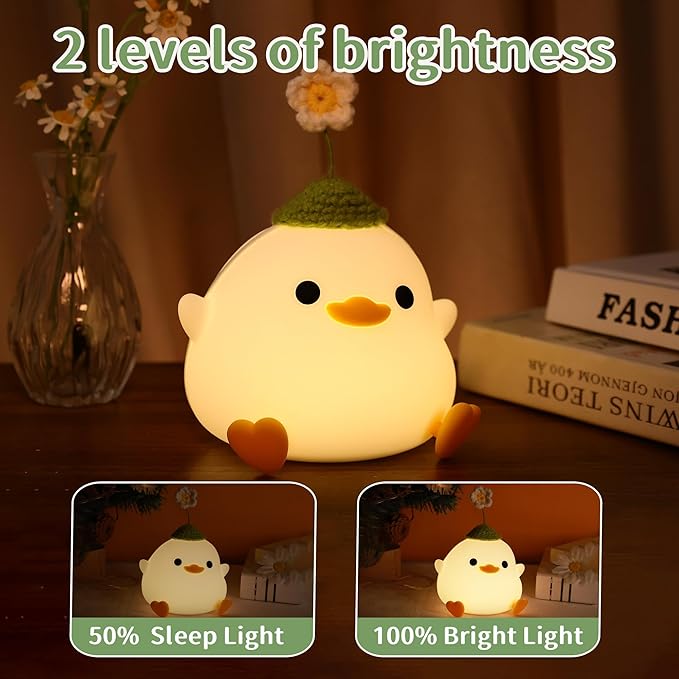 Attivolife Cute Duck Night Light, Animal Soft Silicone LED Lamp with Dimmable and Timer, Portable USB Rechargeable Bedroom Bedside Table Decor, Birthday Christmas Gifts for Girl Boy (Flower Hat) - Bloomnest
