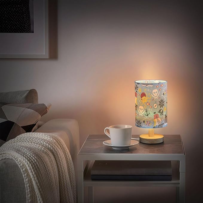 Table Lamp Pirate Marine Animal Octopus Whale Fish Nautical Skull Nightstand Lamp with Wood Base Fabric Lamp Shade Bedside Desk Lamp for Living Room Bedroom Kids Room Office - Bloomnest