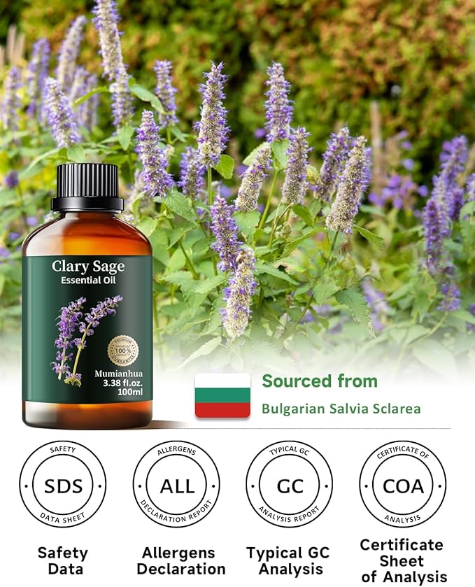 Clary Sage Essential Oil Pure, Mumianhua Natural Clary Sage Oil for Diffuser, Hair,Skin, Candle,Soap Making,Aromatherapy 3.38 Fl Oz - Bloomnest