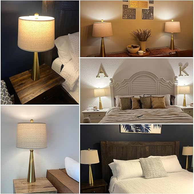 Oneach 25.75" 3-Way Dimmable Touch Control Modern USB Table Lamp Set of 2 for Living Room Bed Room Bedside Nightstand Lamps Fabric Shade Vintage Accent Light Gold Antique Brass - Bloomnest