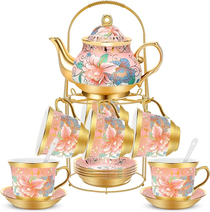 20 Pcs Porcelain Tea Set for Adults with Metal Holder and Spoon European Ceramic Tea Party Set Flower Painting Teapot Cup Saucer for Christmas Women Gifts, Serving 6 People(Fresh) - Bloomnest