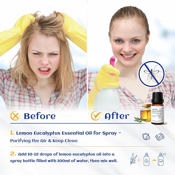 HIQILI Lemon Eucalyptus Oil, for Spary, Diffuser, Indoors, Outdoors, Garden, Yard, 100% Pure Natural - 0.33 Fl Oz - Bloomnest