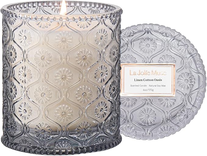 LA JOLIE MUSE Linen Cotton Oasis Scented Candle - Cotton, Jasmine & Warm Musk | 6 oz Natural Soy Wax | 40 Hours Clean Burn | Gift-Ready for Hosts, Gatherings | Elegant Home Décor - Bloomnest