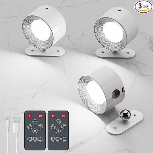 3Pack Battery Operated Wall Sconce, 3 Color Modes 3 Brightness Levels 360°Rotation Lighting Timer Touch & Remote Control, Wall Mounted Lamp LED Wall Lights for Bedroom Reading Bedside (White) - Bloomnest